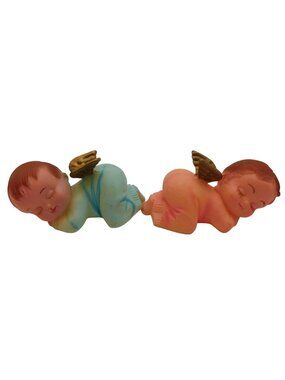 Vintage Celluloid Plastic Sleeping Baby Angels Pink Blue Ornaments Cake Topper